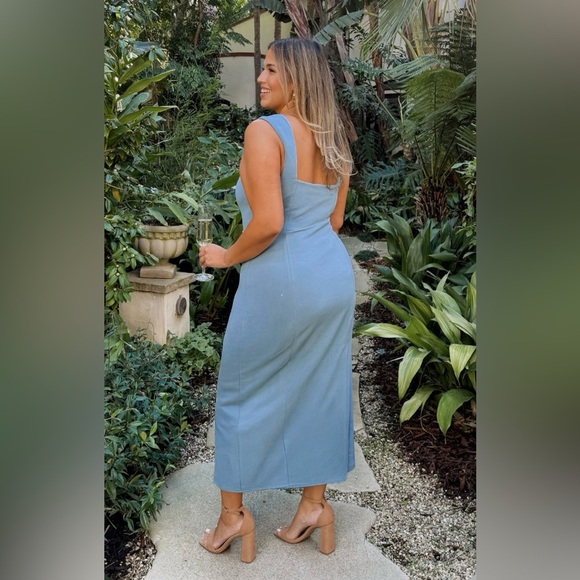 NWT SHOW ME YOUR MUMU Large Eden Stretch Midi French Blue Square Neck High Slit - Picture 2 of 13